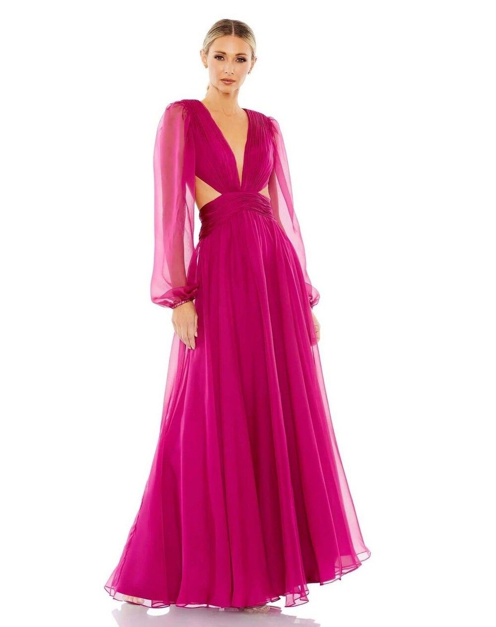 Ieena for Mac Duggal Chiffon Cutout Puff Sleeve Gown Berry Pink 6 Prom Wedding